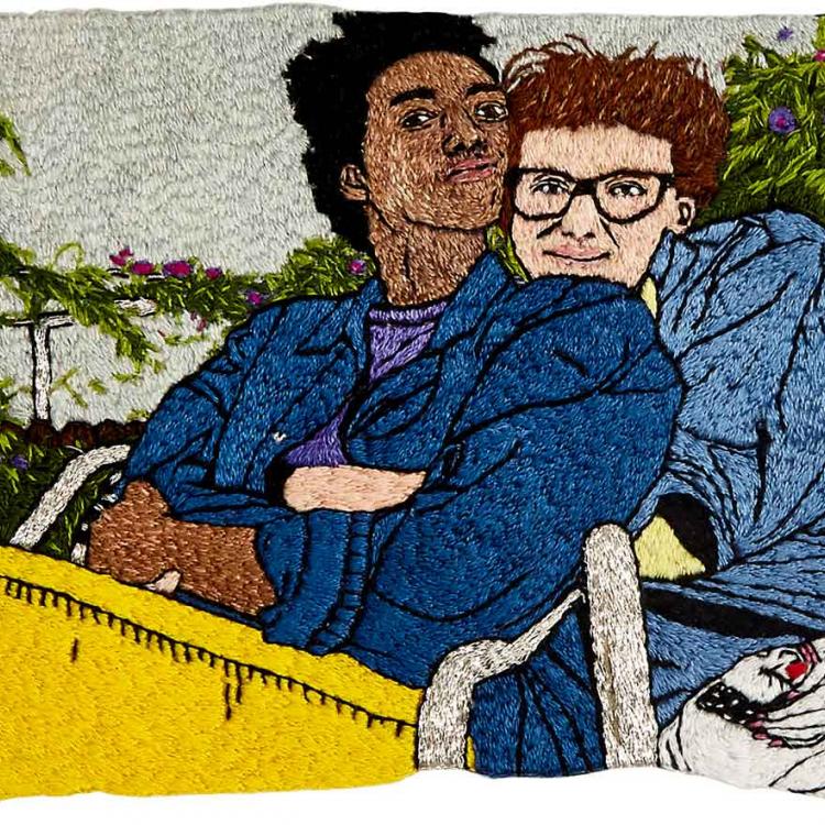 LJ Roberts (American, born in 1980), Hannah (HH) Hiaasen and Lukaza Branfman-Verissimo, 2020-2021. Embroidery on cotton. © LJ Roberts. Courtesy the artist and Hales, London and New York