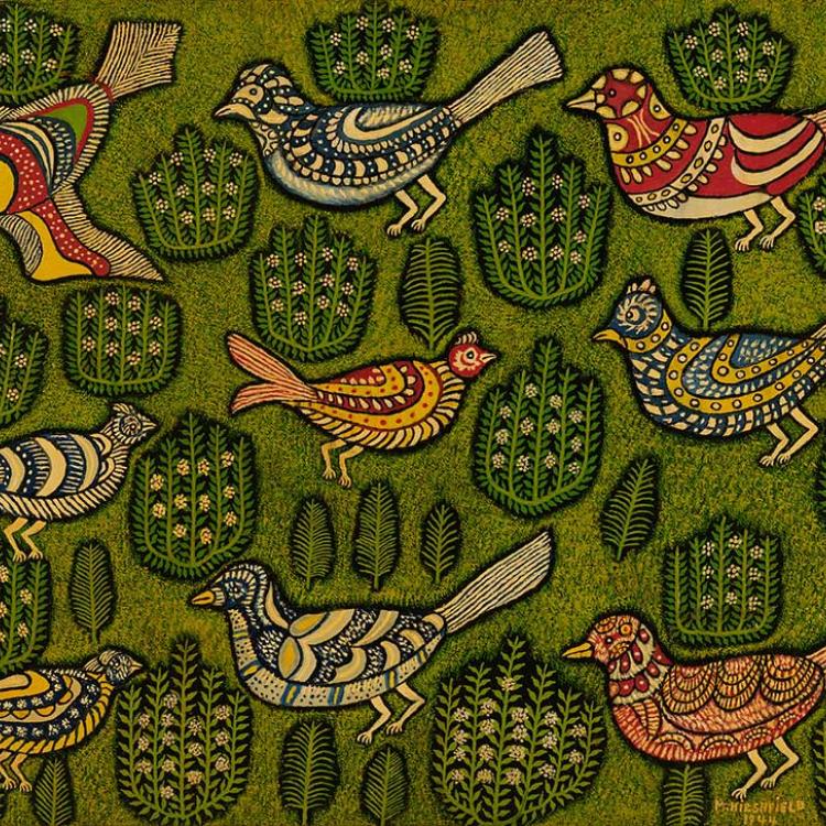 an image of yellow and red birds on a green background simulating grass