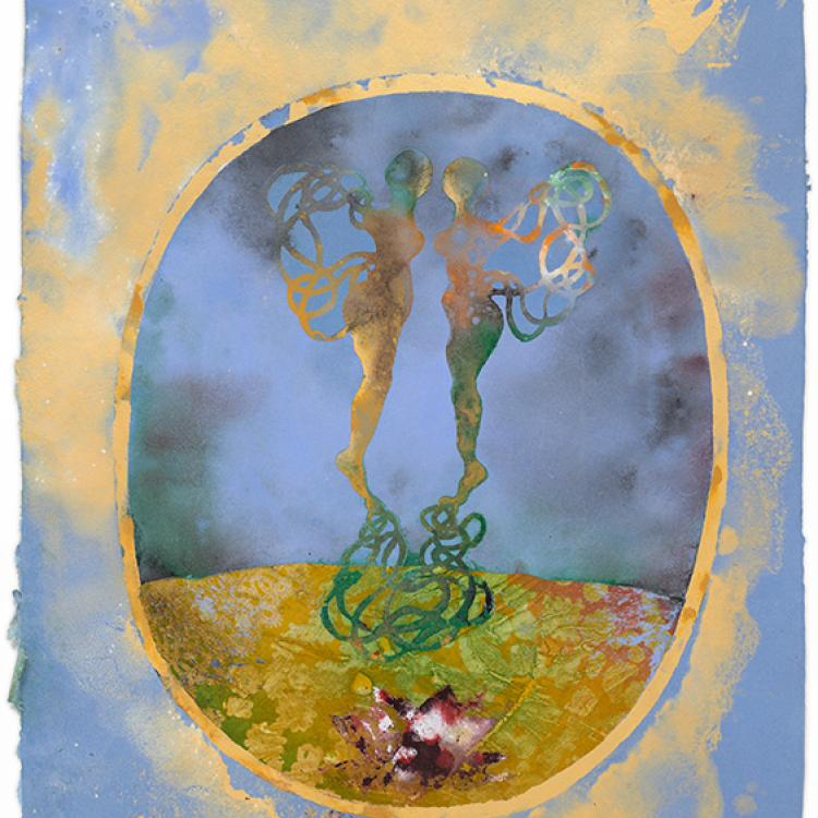 Shahzia Sikander (Pakistani American, b.1969), "Migrant Love," 2024, stenciled and sprayed pigmented handmade paper; Collection of the Artist, Courtesy of Shahzia Sikander and Sean Kelly, New York/Los Angeles © Shahzia Sikander