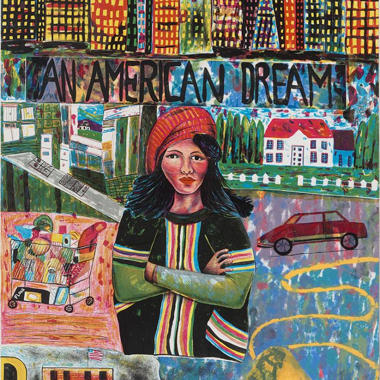A colorful mixed-media artwork centered on a woman standing with arms crossed, wearing a red hat and a dark green shirt with colorful vertical stripes. Above her head, bold black text reads "AN AMERICAN DREAM" set against a vibrant city skyline under a dark sky. Surrounding her are scenes depicting various aspects of life, including a suburban house with a white fence, a red car on a road, a full shopping cart, a yellow school bus parked outside a brick building with a U.S. flag, and a yellow mountain peak.