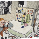 An embroidered piece depicting a person with a dog sitting in a kitchen