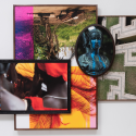 A collage of various framed photographs 