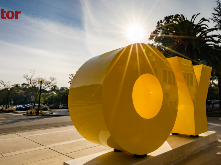 A perspective of the OY/YO outside the Cantor Arts Center