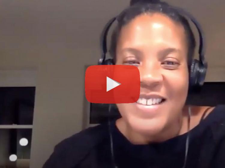 Artist Xaviera Simmons smiling during digital event
