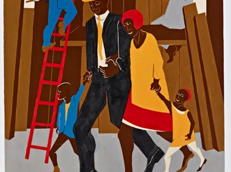 An image of an African-American family with workers in the background