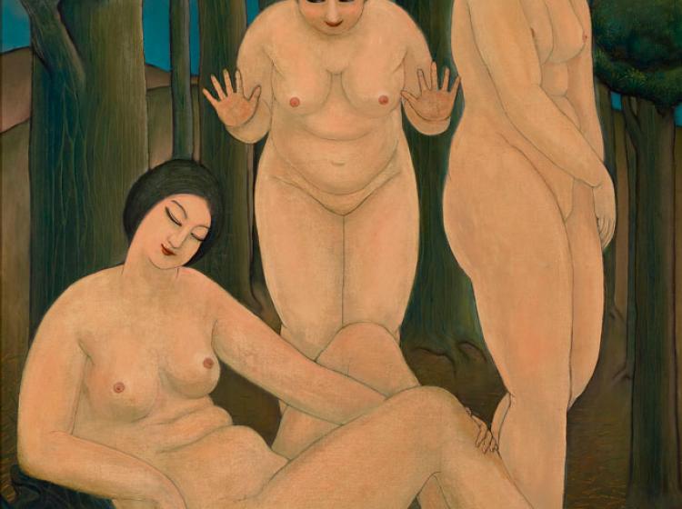 A painting depicting three naked women