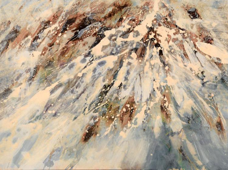Abstract painting in beige, brown, and blue shades