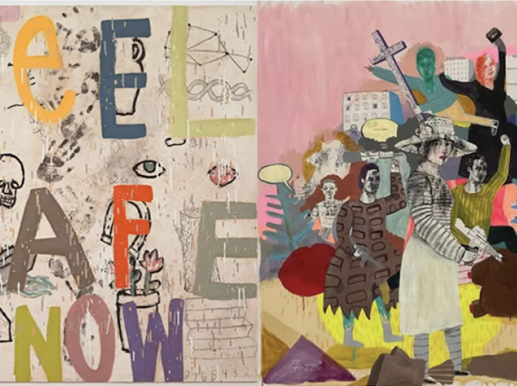 Two artworks in vivid colors, beige, pink, yellow, and green hues