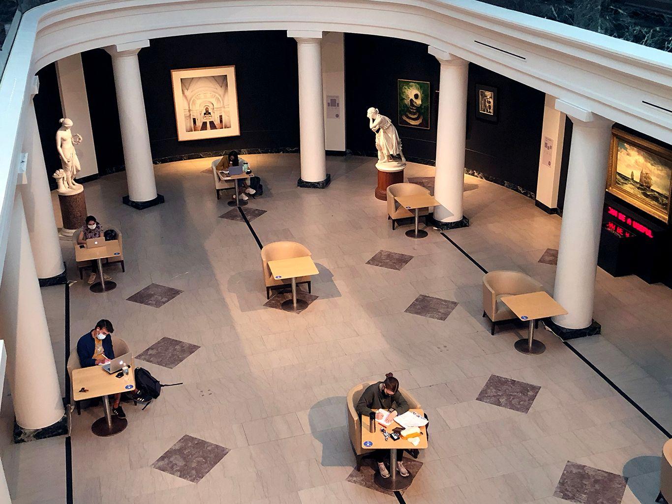  The University of Michigan Museum of Art has set up socially distanced study pods in its atrium so that students starved of campus space for study and reflection can book slots 