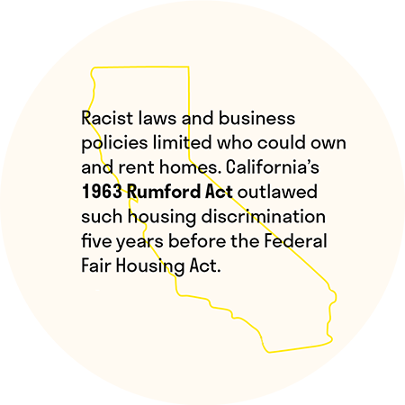 Racist laws and business policies limted who could own and rent homes. California's 1963 Rumford Act outlawed such housing discrimination five years before the Federal Fair Housing Act.