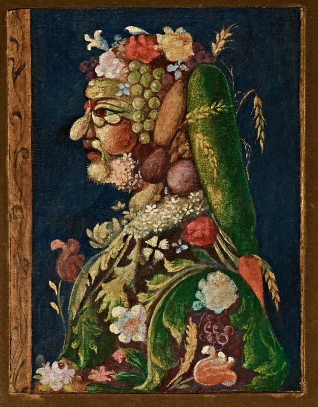 A portrait of a person made out of fruits and vegetables