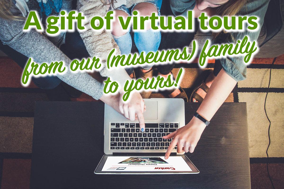 A family gathered around a laptop exploring virtual tours
