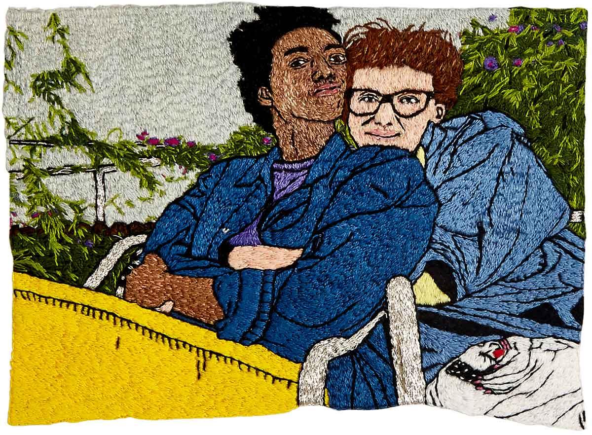 LJ Roberts (American, born in 1980), Hannah (HH) Hiaasen and Lukaza Branfman-Verissimo, 2020-2021. Embroidery on cotton. © LJ Roberts. Courtesy the artist and Hales, London and New York