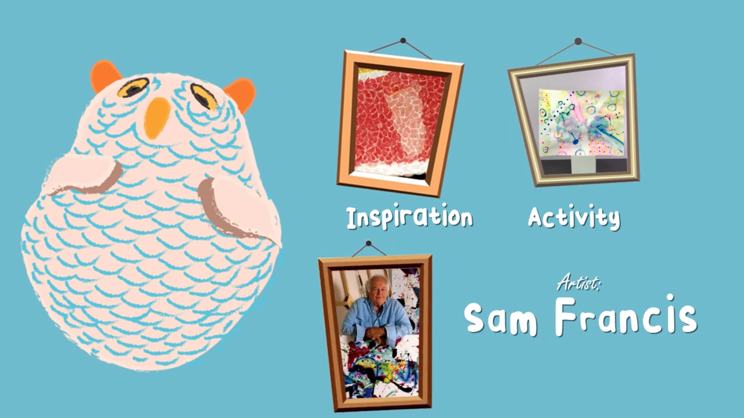 An image of an owl and the words activity inspired by artist Sam Francis