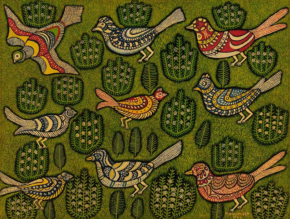 an image of yellow and red birds on a green background simulating grass