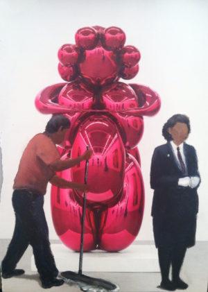 an image of a gallery depicting a sculpture and a security guard and cleaning person