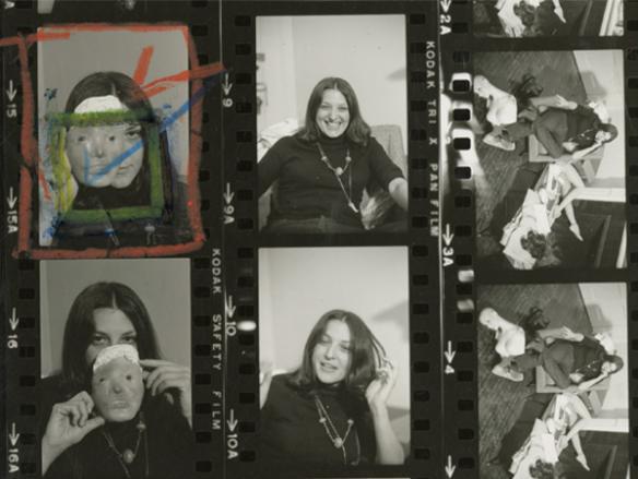Black and white photo of negative film strips depicting artist Lynn Hershman Leeson